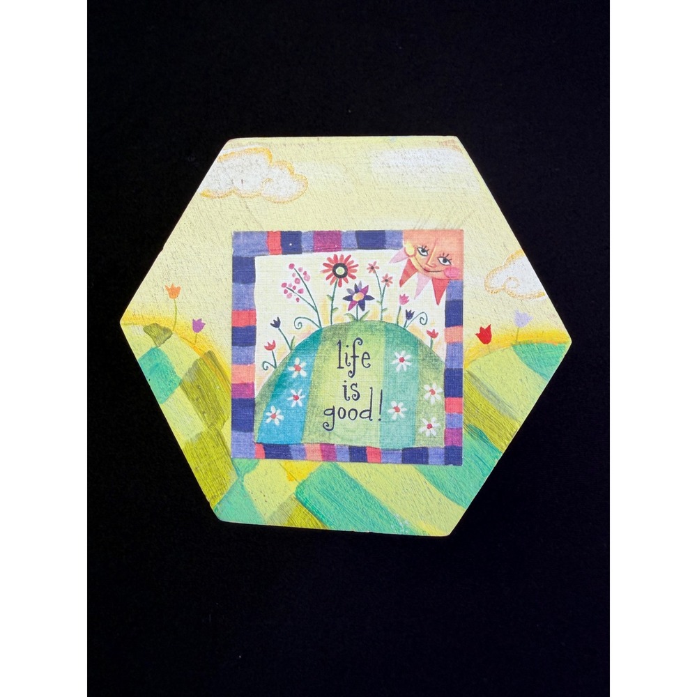 Natural Life is Good Wood Trinket Box Hexagon Yellow Floral Whimsical Decor - Picture 9 of 13